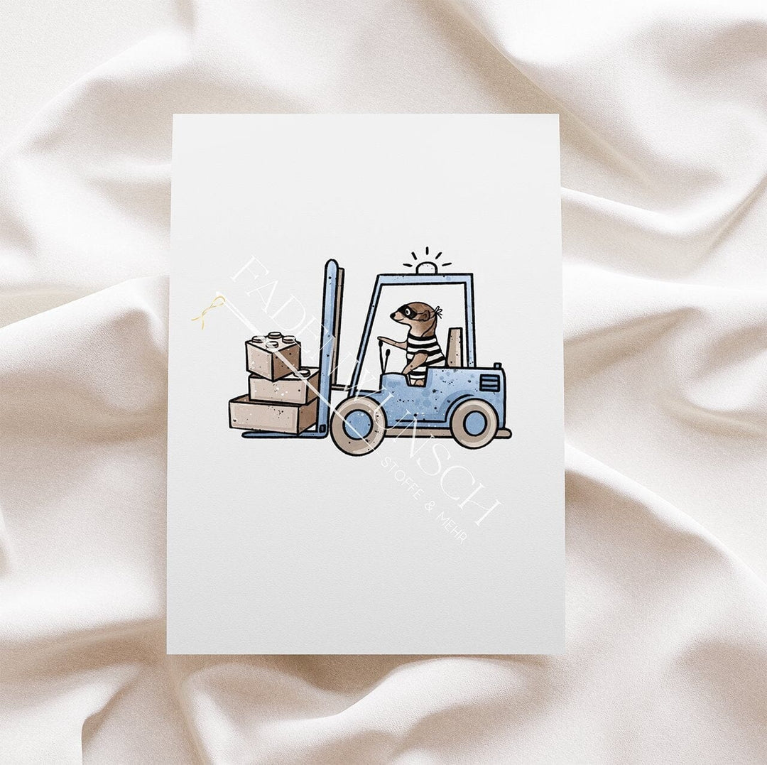 Vorbestellung | Bügelbild "Erdmännchen - Gabelstapler" fadenwunsch