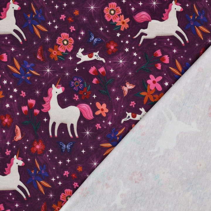 French Terry | „Magic Unicorn“ – Beere | Einhörner & Blumen Fadenwunsch 