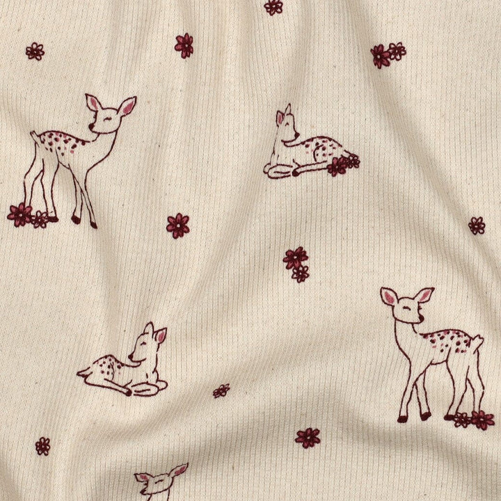 Rib-Jersey „Little Deer“ – Naturweiß | Reh & Blumen Fadenwunsch 