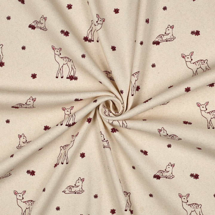 Rib-Jersey „Little Deer“ – Naturweiß | Reh & Blumen Fadenwunsch 