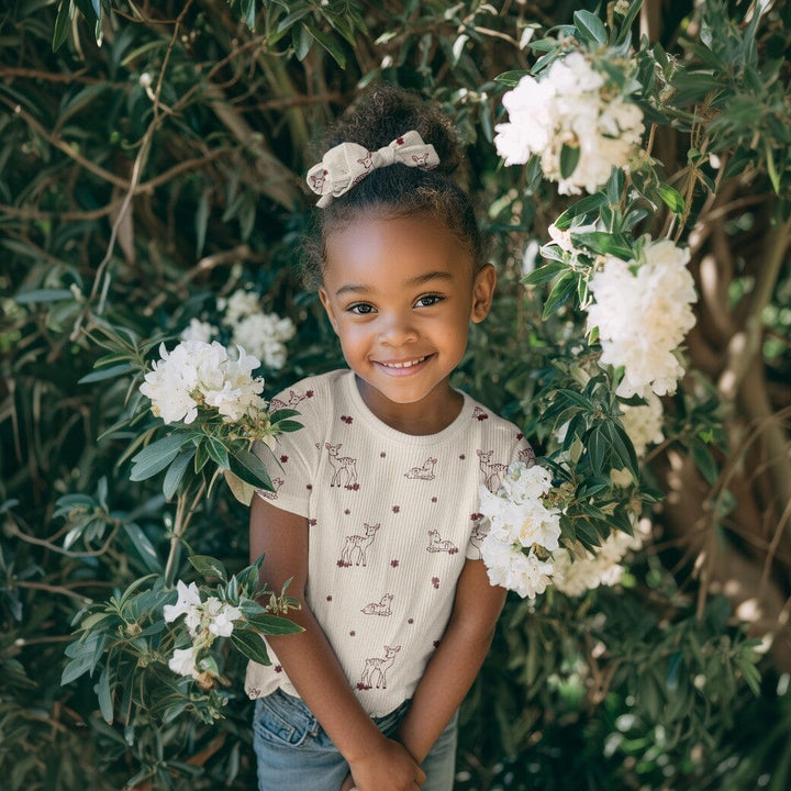 Rib-Jersey „Little Deer“ – Naturweiß | Reh & Blumen Fadenwunsch 