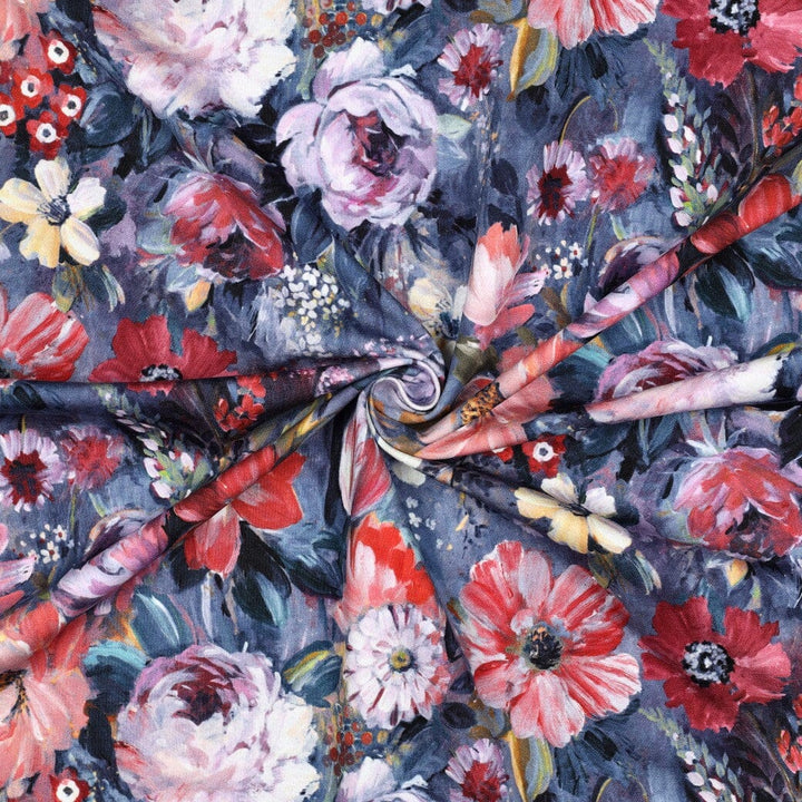 French Terry | „Painted Flowers“ – Blau | Aquarell-Blumen Fadenwunsch 
