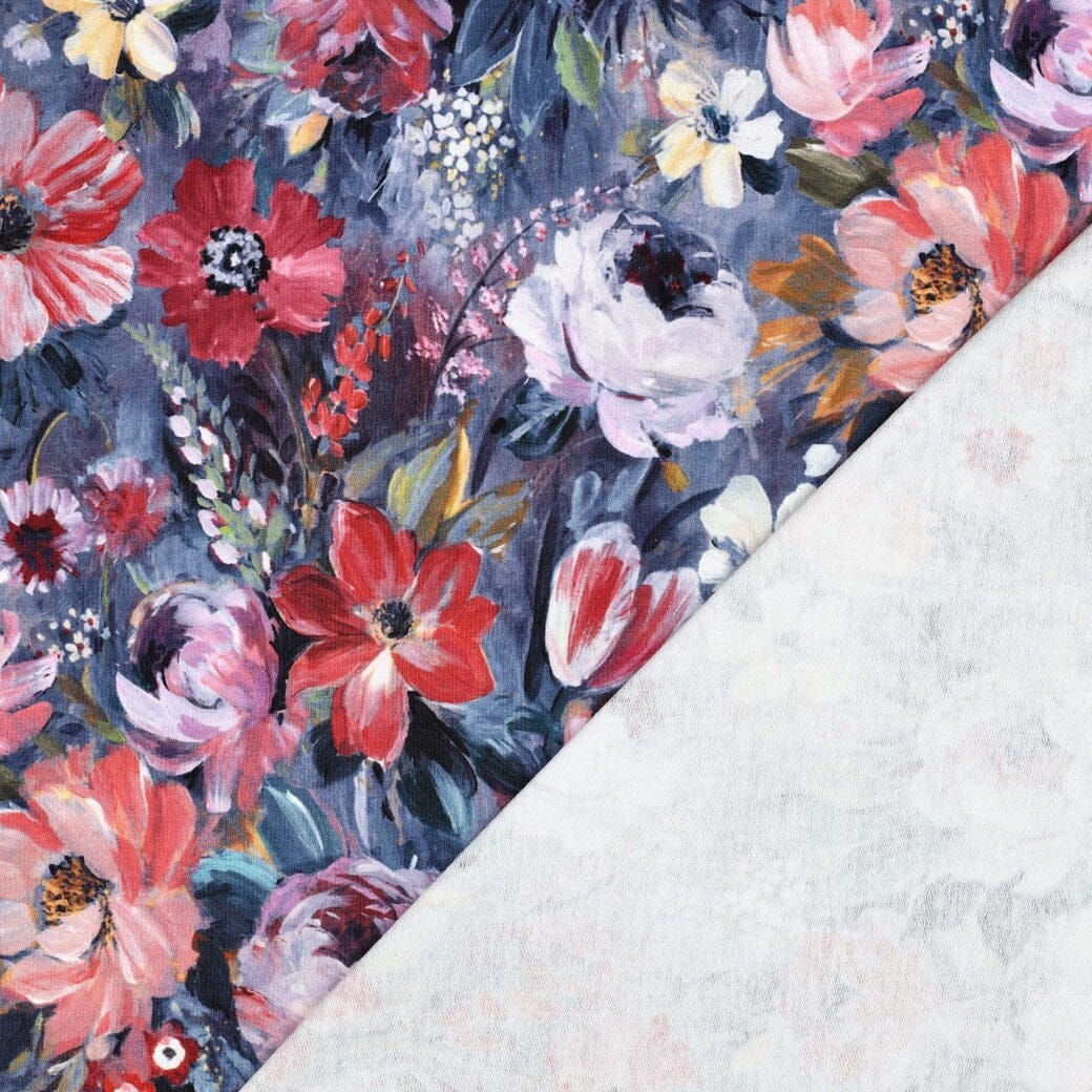 French Terry | „Painted Flowers“ – Blau | Aquarell-Blumen Fadenwunsch 