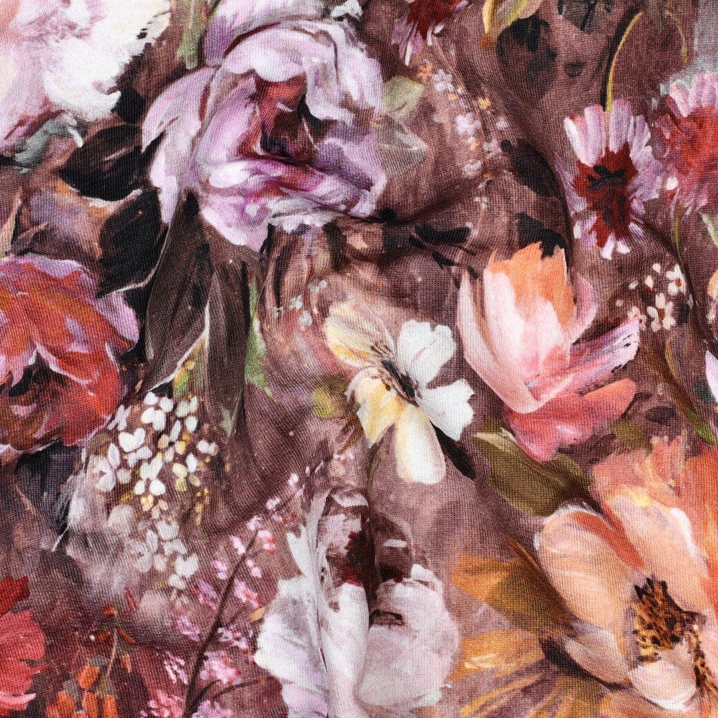 French Terry | „Painted Flowers“ – Braun | Aquarell-Blumen Fadenwunsch 