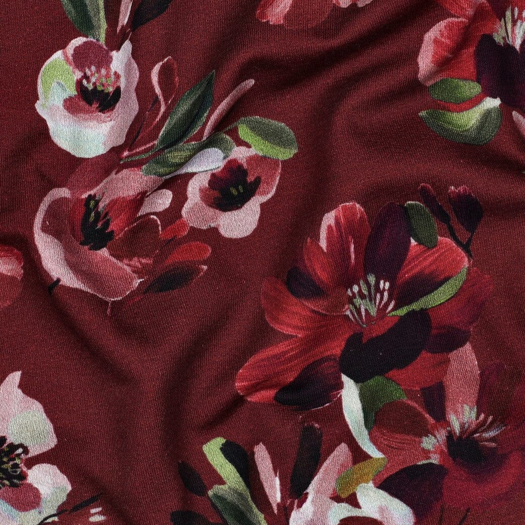 French Terry | „Burgundy Blossom“ – Bordeaux | Florales Design Fadenwunsch 