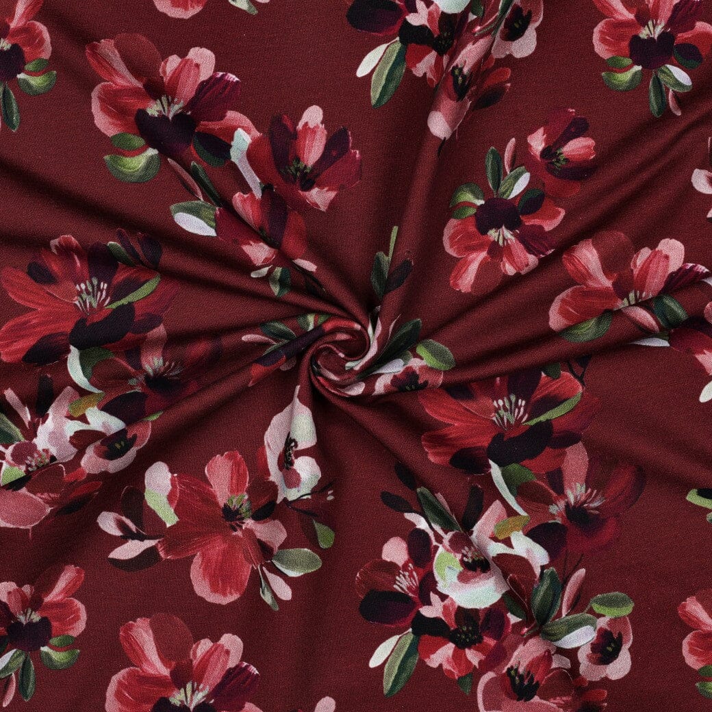 French Terry | „Burgundy Blossom“ – Bordeaux | Florales Design Fadenwunsch 