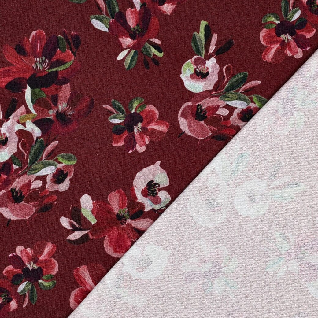 French Terry | „Burgundy Blossom“ – Bordeaux | Florales Design Fadenwunsch 