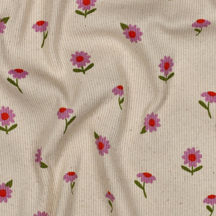 Rib-Jersey „Little Flowers“ – Naturweiß | Blumenprint Fadenwunsch 