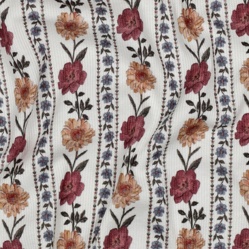 Rib-Jersey „Boho Flowers“ – Naturweiß | Florale Streifen Fadenwunsch 