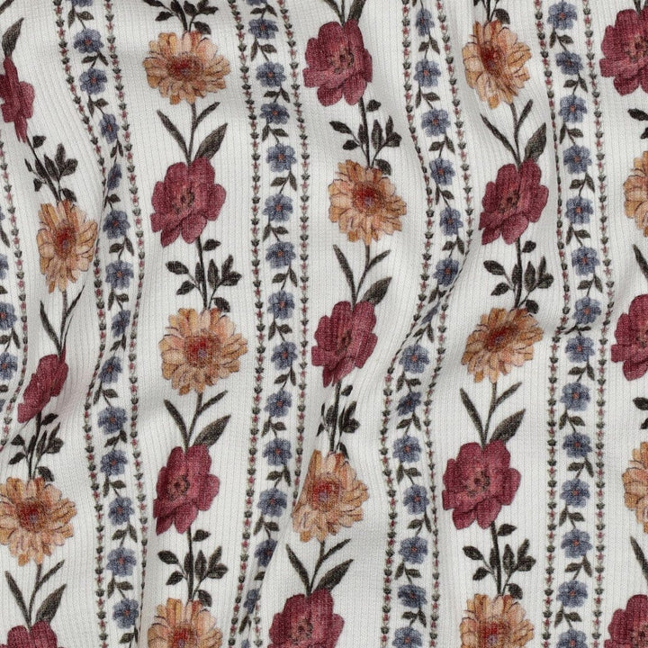 Rib-Jersey „Boho Flowers“ – Naturweiß | Florale Streifen Fadenwunsch 