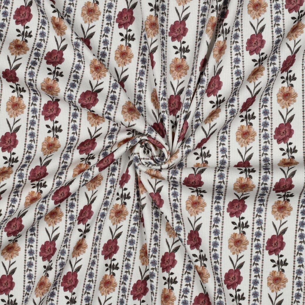 Rib-Jersey „Boho Flowers“ – Naturweiß | Florale Streifen Fadenwunsch 