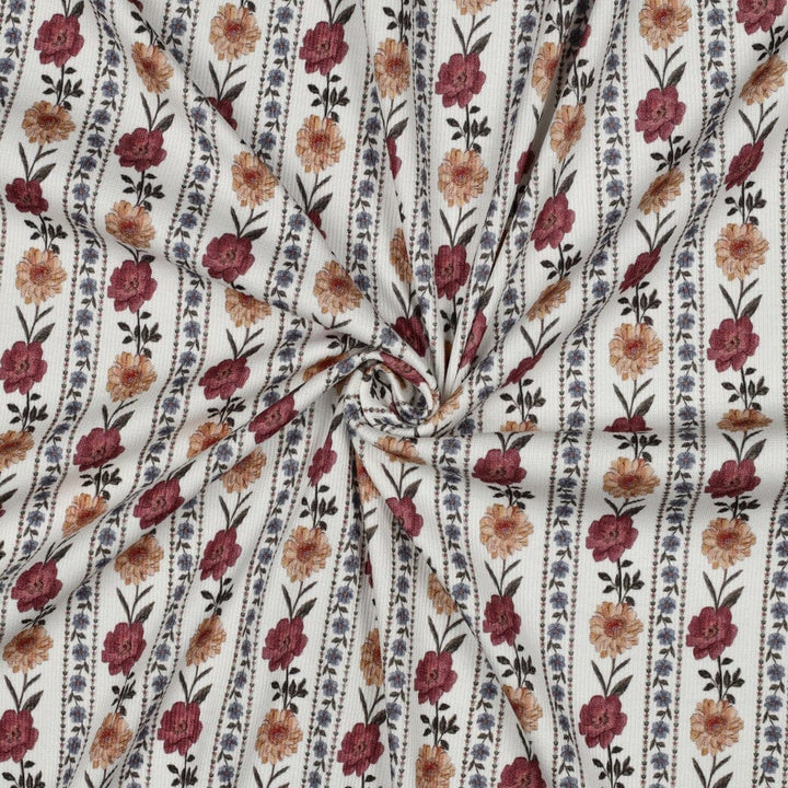 Rib-Jersey „Boho Flowers“ – Naturweiß | Florale Streifen Fadenwunsch 