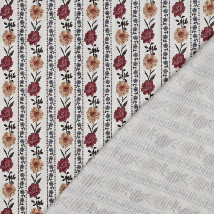 Rib-Jersey „Boho Flowers“ – Naturweiß | Florale Streifen Fadenwunsch 