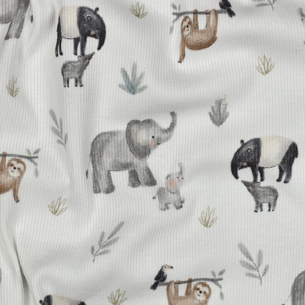 Rib-Jersey „Jungle Friends“ – Naturweiß | Elefant, Tapir & Faultier Fadenwunsch 
