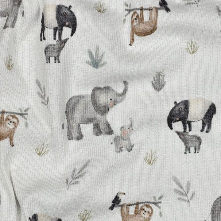 Rib-Jersey „Jungle Friends“ – Naturweiß | Elefant, Tapir & Faultier Fadenwunsch 
