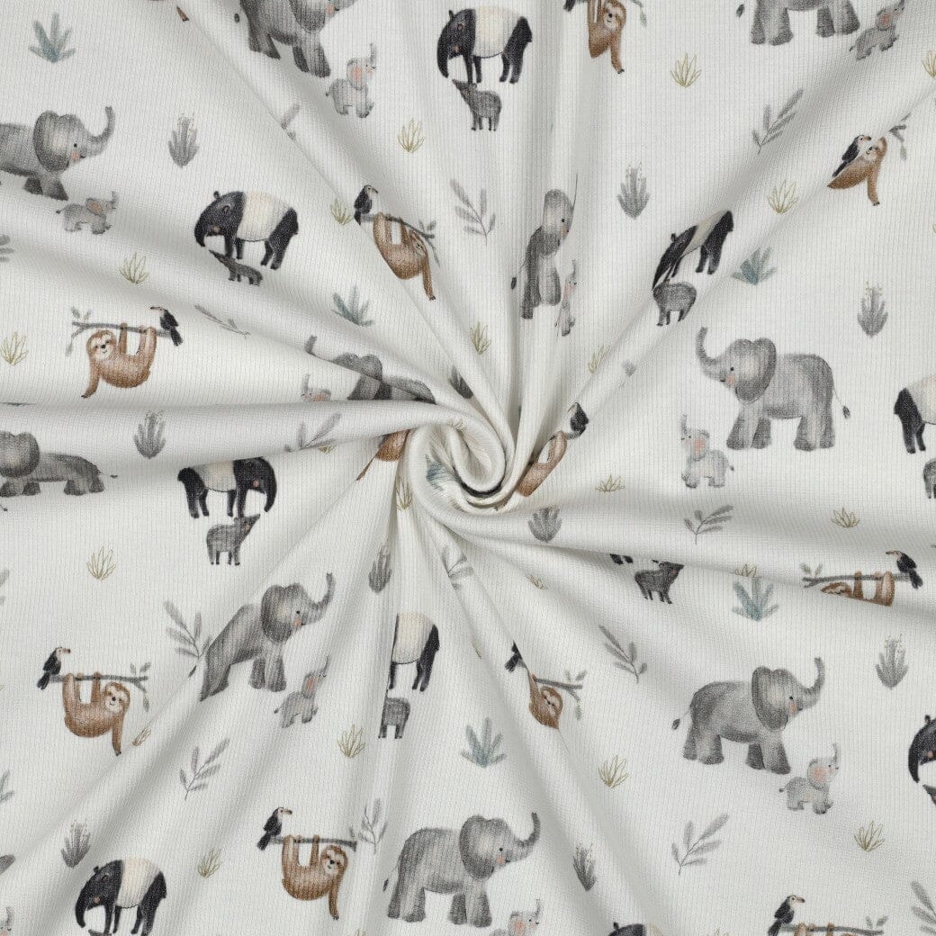 Rib-Jersey „Jungle Friends“ – Naturweiß | Elefant, Tapir & Faultier Fadenwunsch 