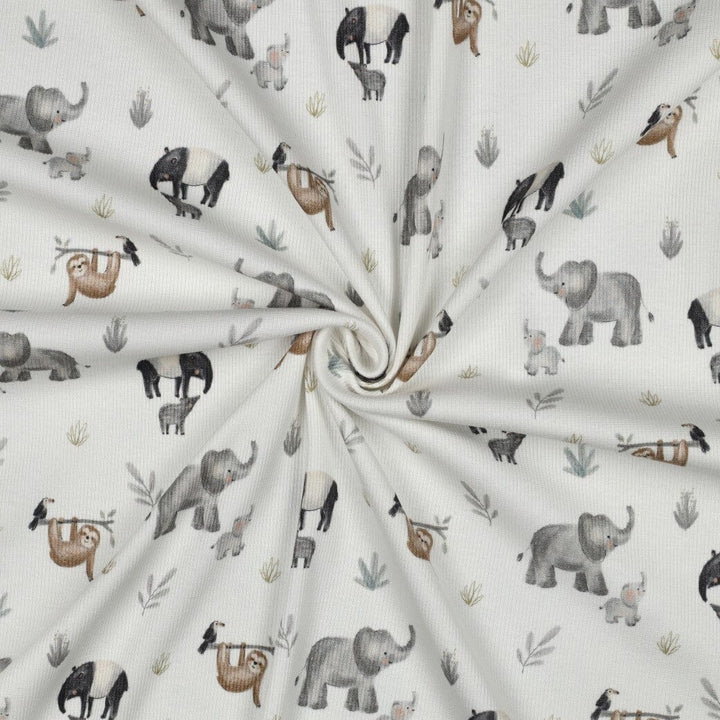 Rib-Jersey „Jungle Friends“ – Naturweiß | Elefant, Tapir & Faultier Fadenwunsch 