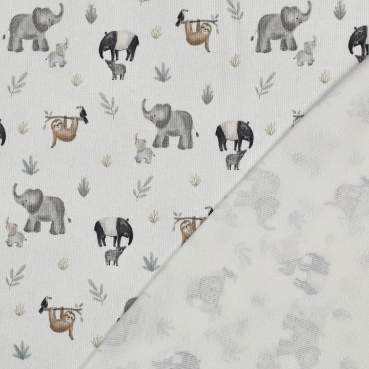 Rib-Jersey „Jungle Friends“ – Naturweiß | Elefant, Tapir & Faultier Fadenwunsch 