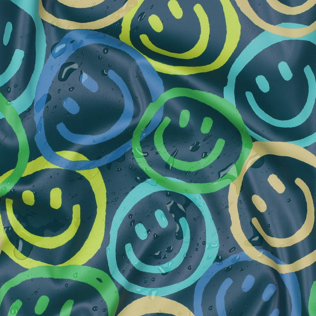 Regenmantelstoff „Happy Smiley“ – Petrol/Multicolor
