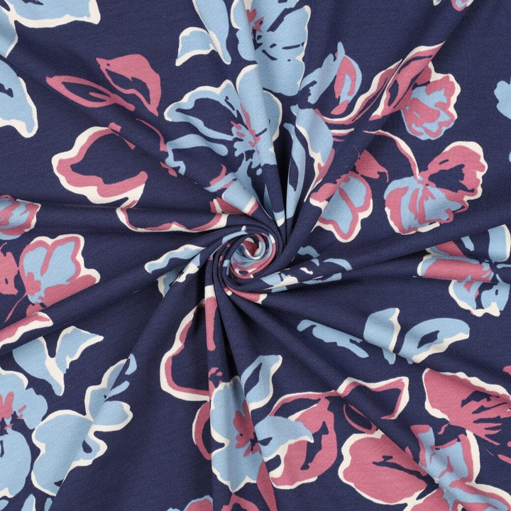 Jersey | „Big Flowers“ – Dunkelblau Fadenwunsch 