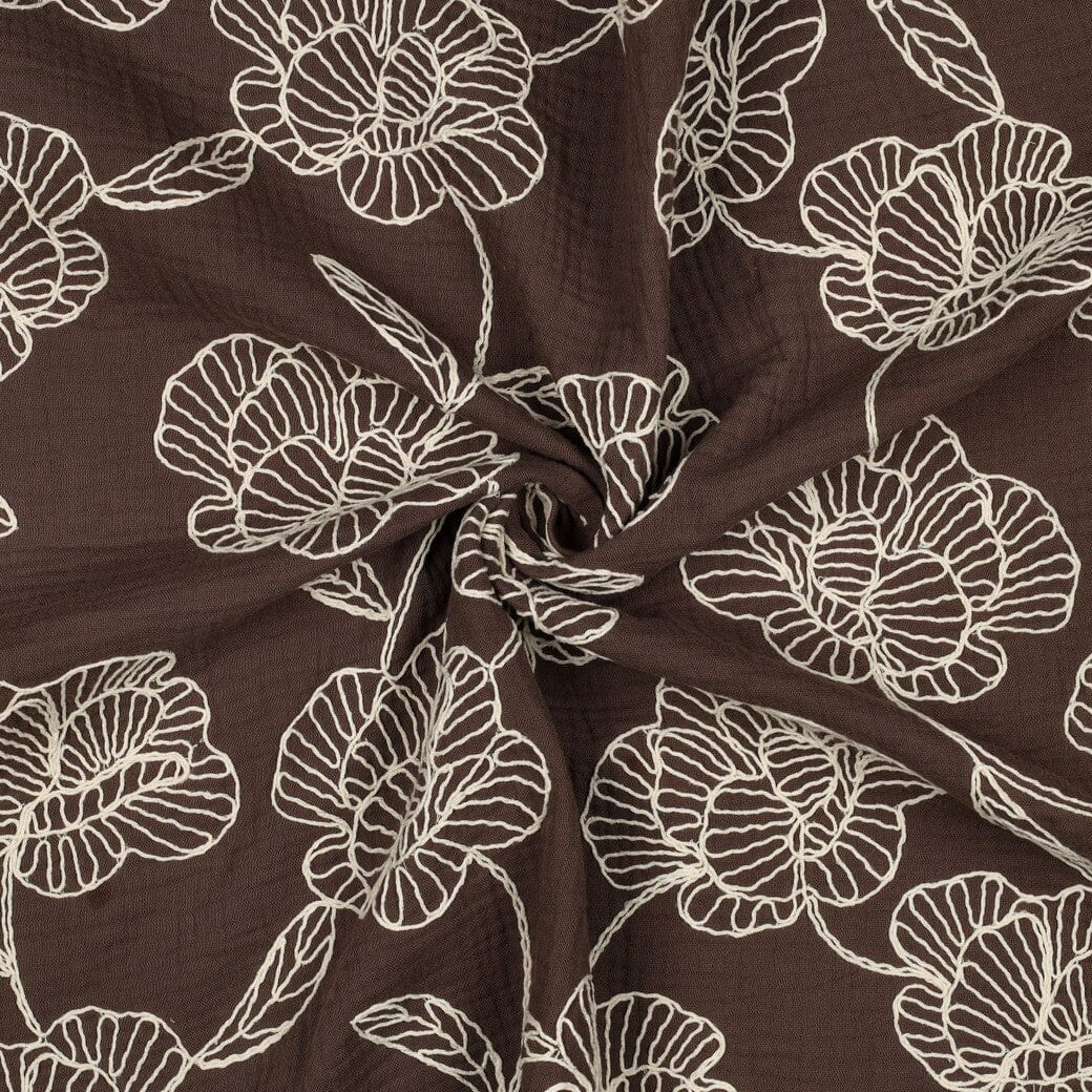 Bestickter Musselin | Floral Lines – Schokobraun Fadenwunsch 