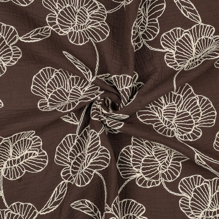 Bestickter Musselin | Floral Lines – Schokobraun Fadenwunsch 