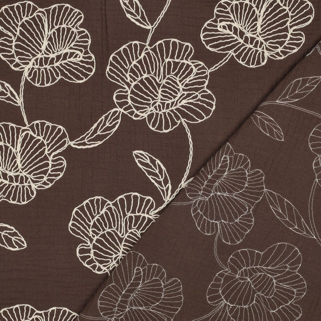 Bestickter Musselin | Floral Lines – Schokobraun Fadenwunsch 