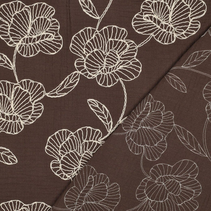 Bestickter Musselin | Floral Lines – Schokobraun Fadenwunsch 