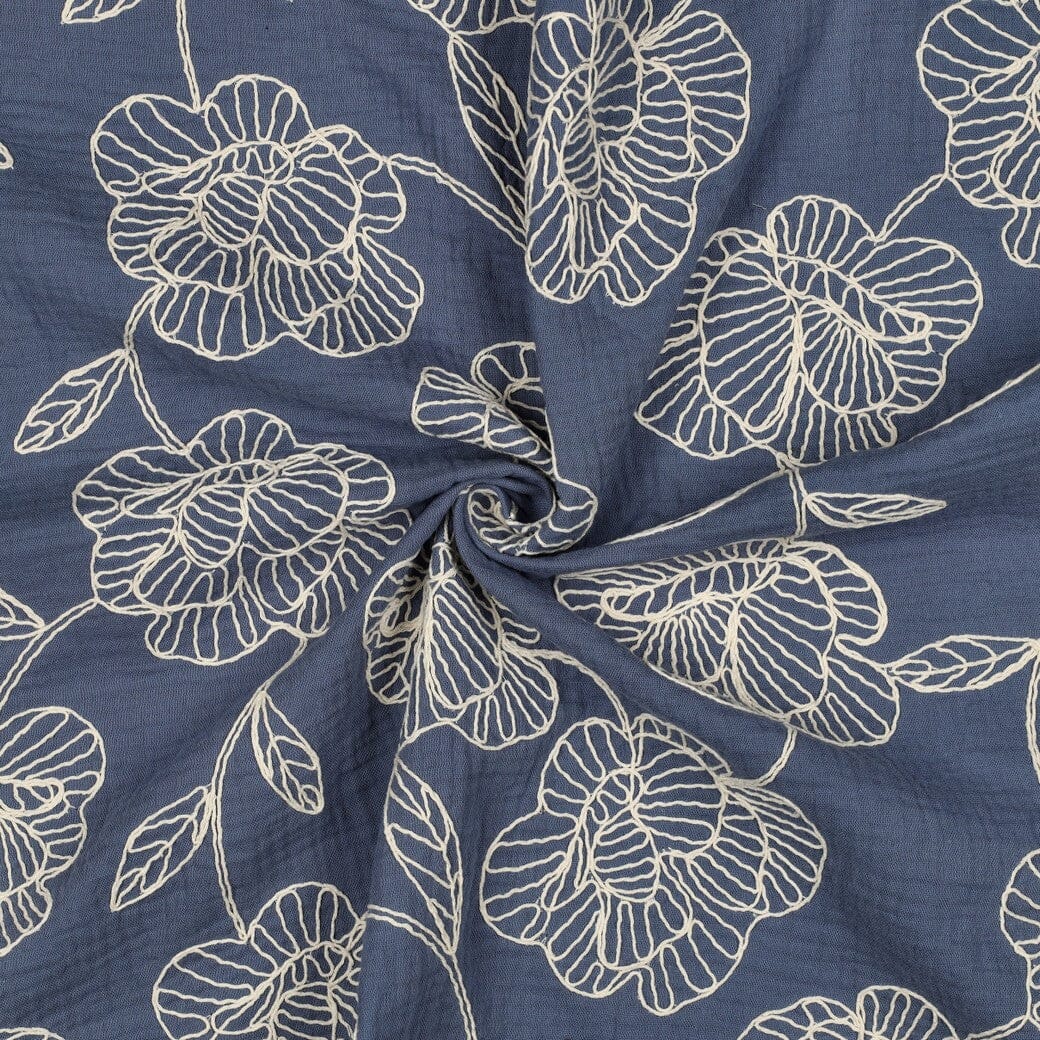 Bestickter Musselin | Floral Lines – Jeansblau Fadenwunsch 