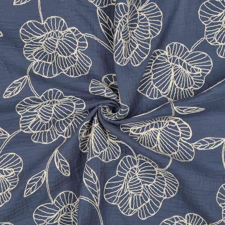 Bestickter Musselin | Floral Lines – Jeansblau Fadenwunsch 