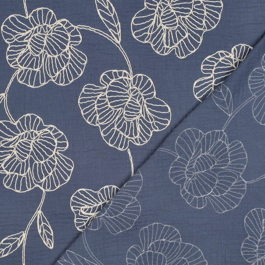 Bestickter Musselin | Floral Lines – Jeansblau Fadenwunsch 