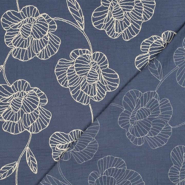 Bestickter Musselin | Floral Lines – Jeansblau Fadenwunsch 