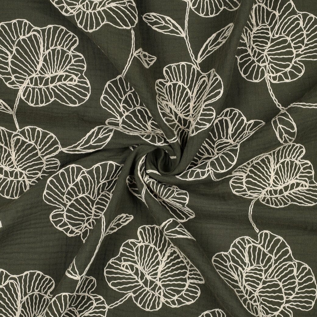 Bestickter Musselin | Floral Lines – Olivgrün Fadenwunsch 