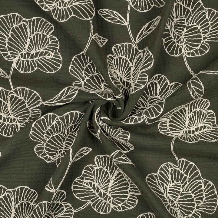 Bestickter Musselin | Floral Lines – Olivgrün Fadenwunsch 