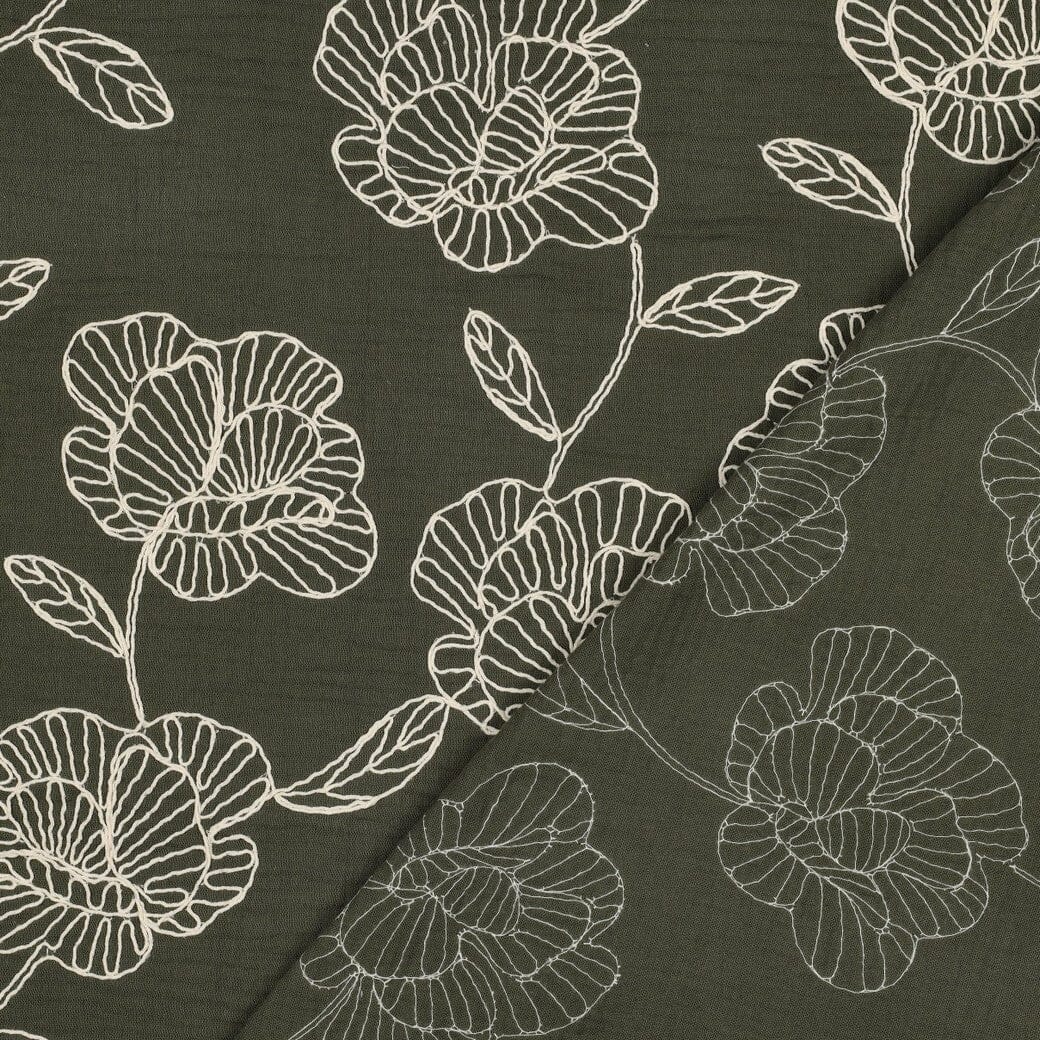 Bestickter Musselin | Floral Lines – Olivgrün Fadenwunsch 