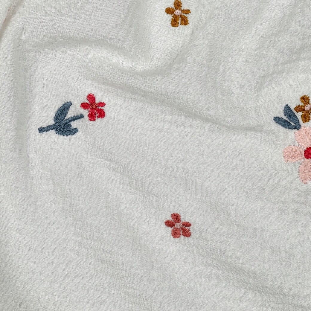 Bestickter Musselin - Blumen Naturweiß & Kamel Fadenwunsch 