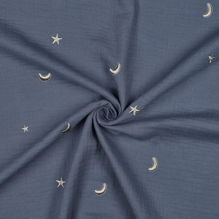 Bestickter Musselin - Sterne Jeansblau Fadenwunsch 