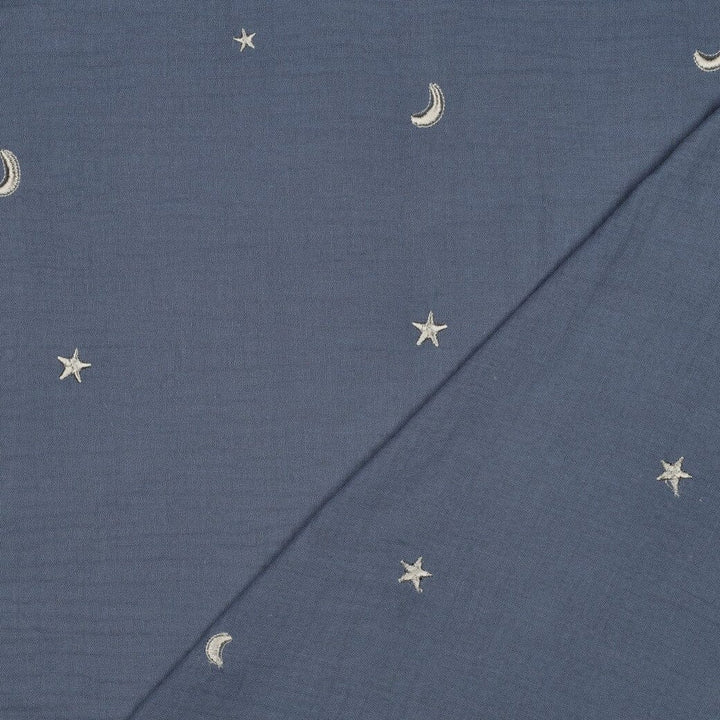 Bestickter Musselin - Sterne Jeansblau Fadenwunsch 