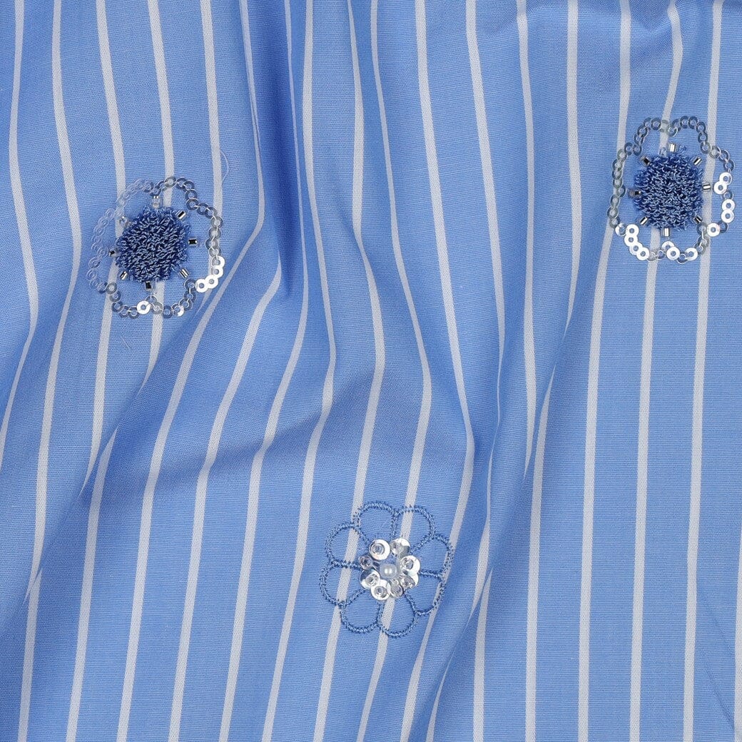 Baumwollstoff Streifen Blumen Blau – mit Pailletten Fadenwunsch 