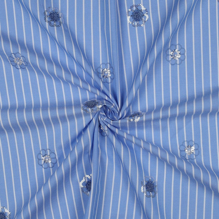 Baumwollstoff Streifen Blumen Blau – mit Pailletten Fadenwunsch 