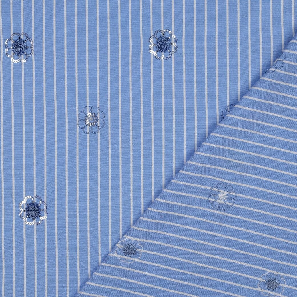 Baumwollstoff Streifen Blumen Blau – mit Pailletten Fadenwunsch 