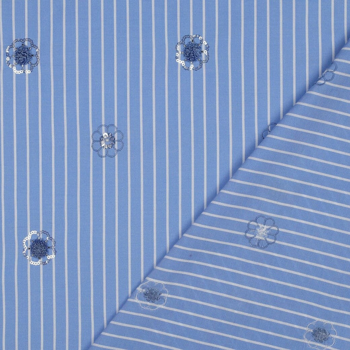 Baumwollstoff Streifen Blumen Blau – mit Pailletten Fadenwunsch 