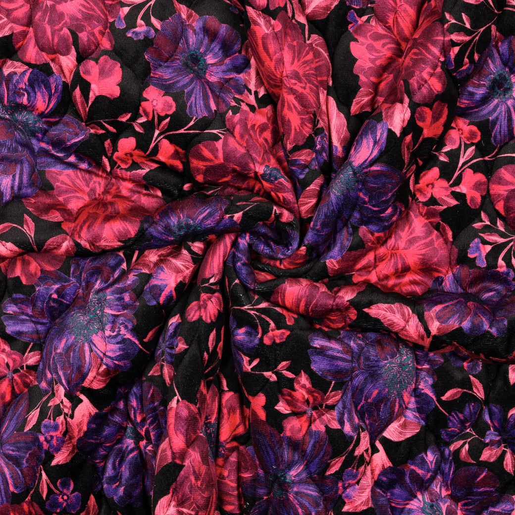 Samt-Steppstoff „Fuchsia Flowers“ | Schwarz/Fuchsia | Wendeoptik