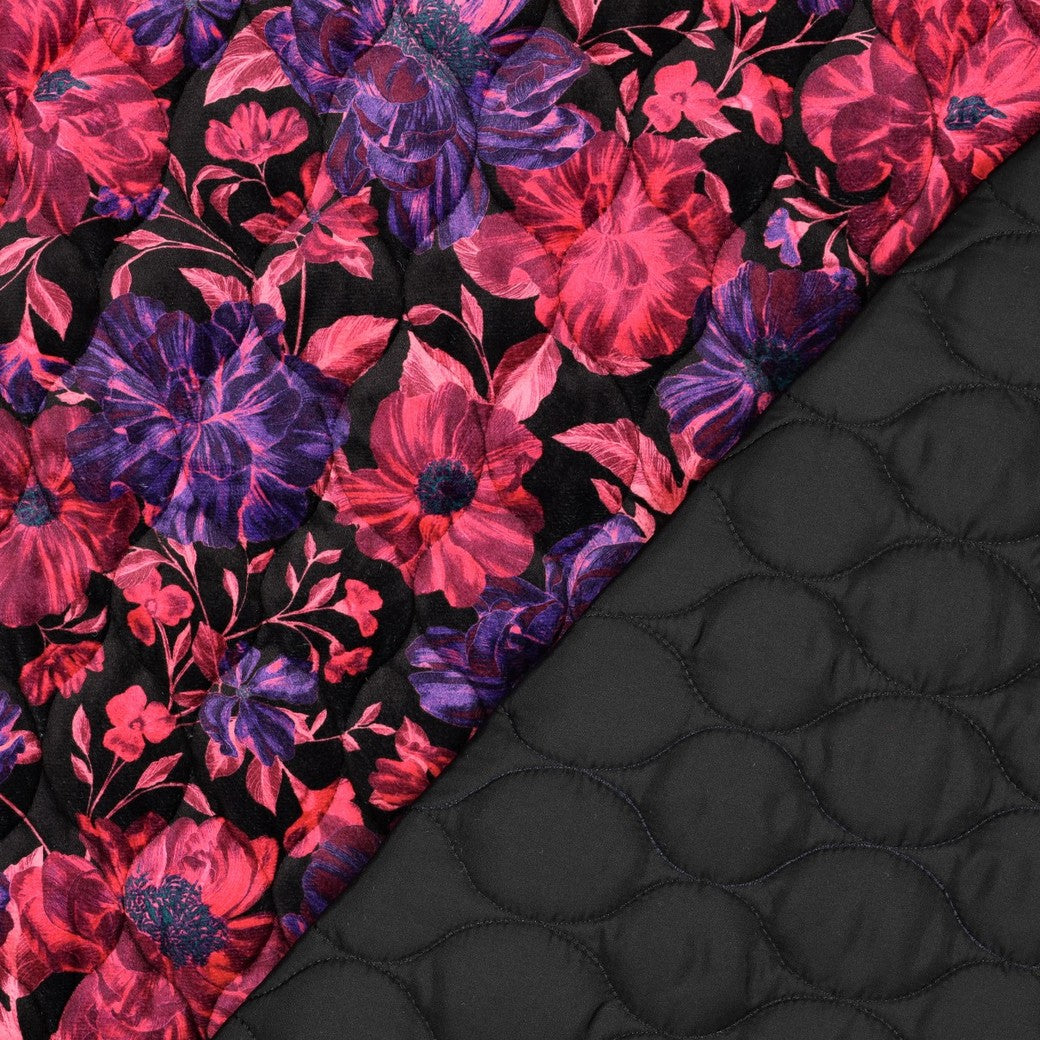 Samt-Steppstoff „Fuchsia Flowers“ | Schwarz/Fuchsia | Wendeoptik
