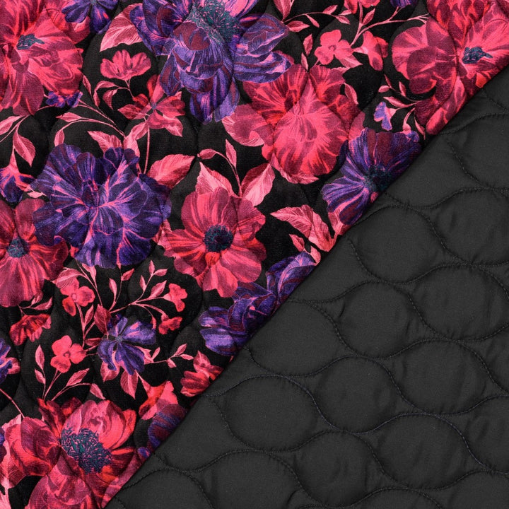 Samt-Steppstoff „Fuchsia Flowers“ | Schwarz/Fuchsia | Wendeoptik