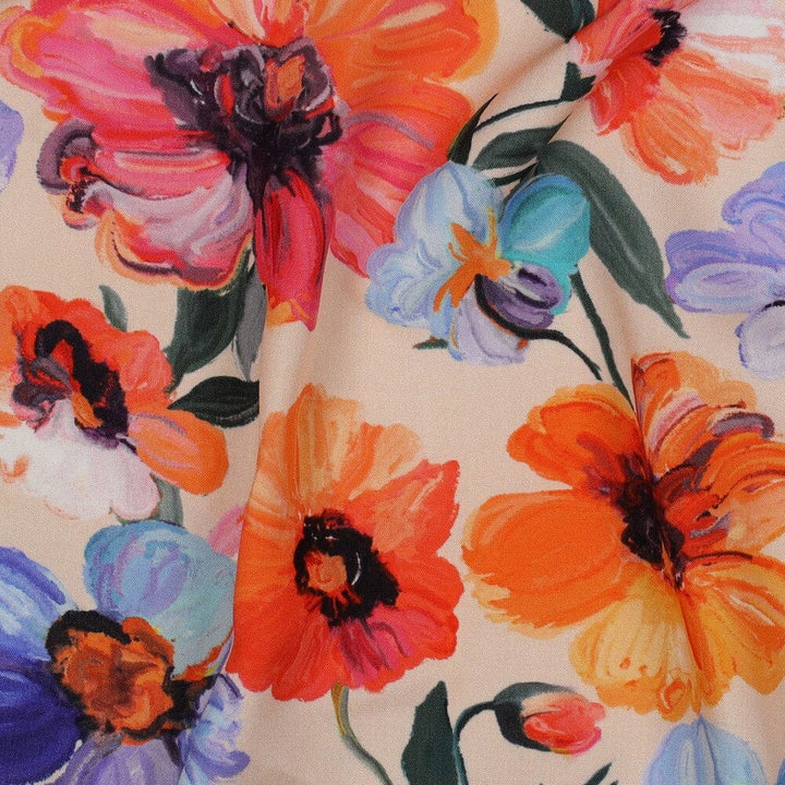 Viskose „Peach Garden“ – bunte Sommerblumen in Pfirsich Fadenwunsch 