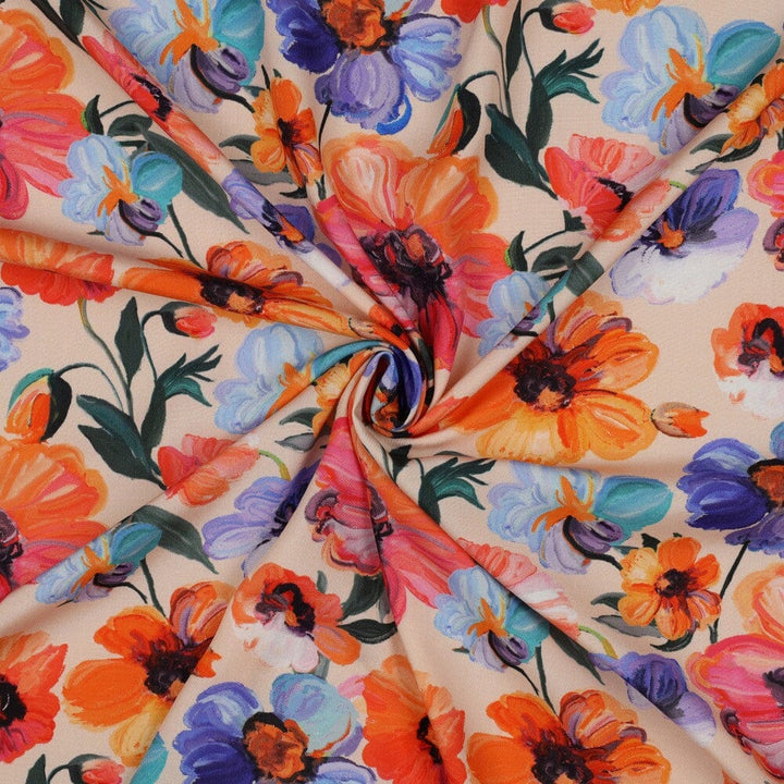 Viskose „Peach Garden“ – bunte Sommerblumen in Pfirsich Fadenwunsch 
