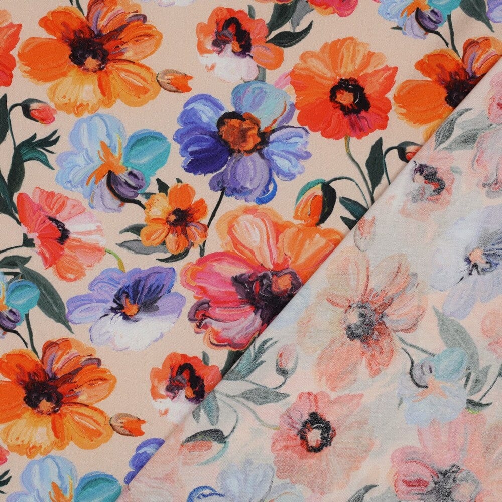 Viskose „Peach Garden“ – bunte Sommerblumen in Pfirsich Fadenwunsch 