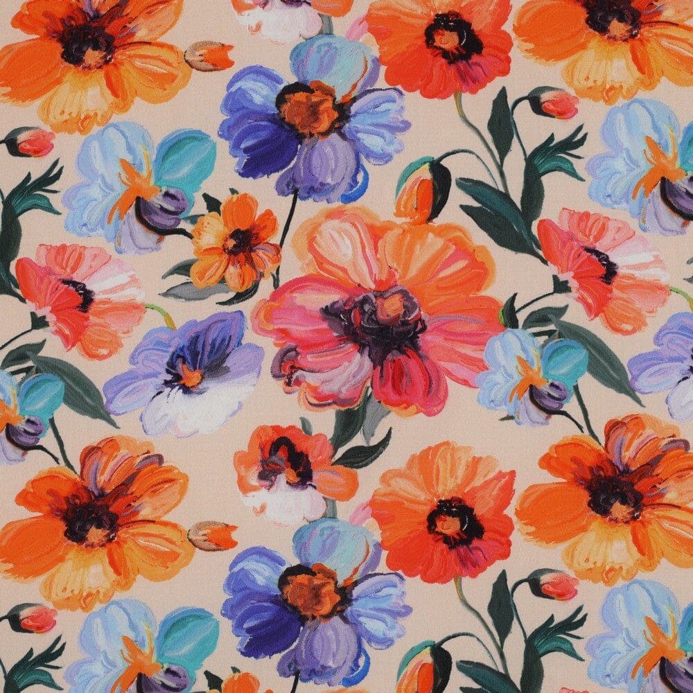 Viskose „Peach Garden“ – bunte Sommerblumen in Pfirsich Fadenwunsch 