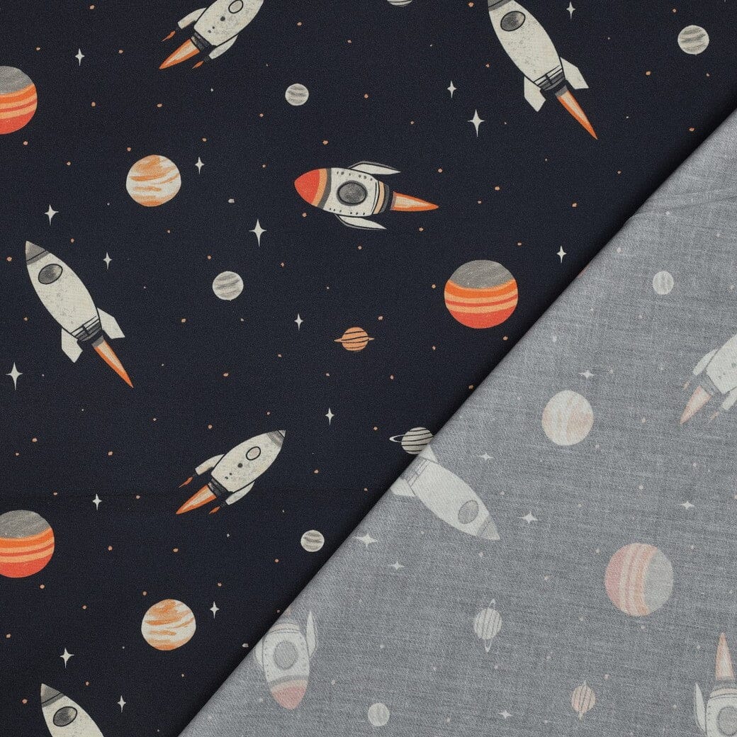 Popeline Stoff Space Rockets – Dunkelblau Fadenwunsch 